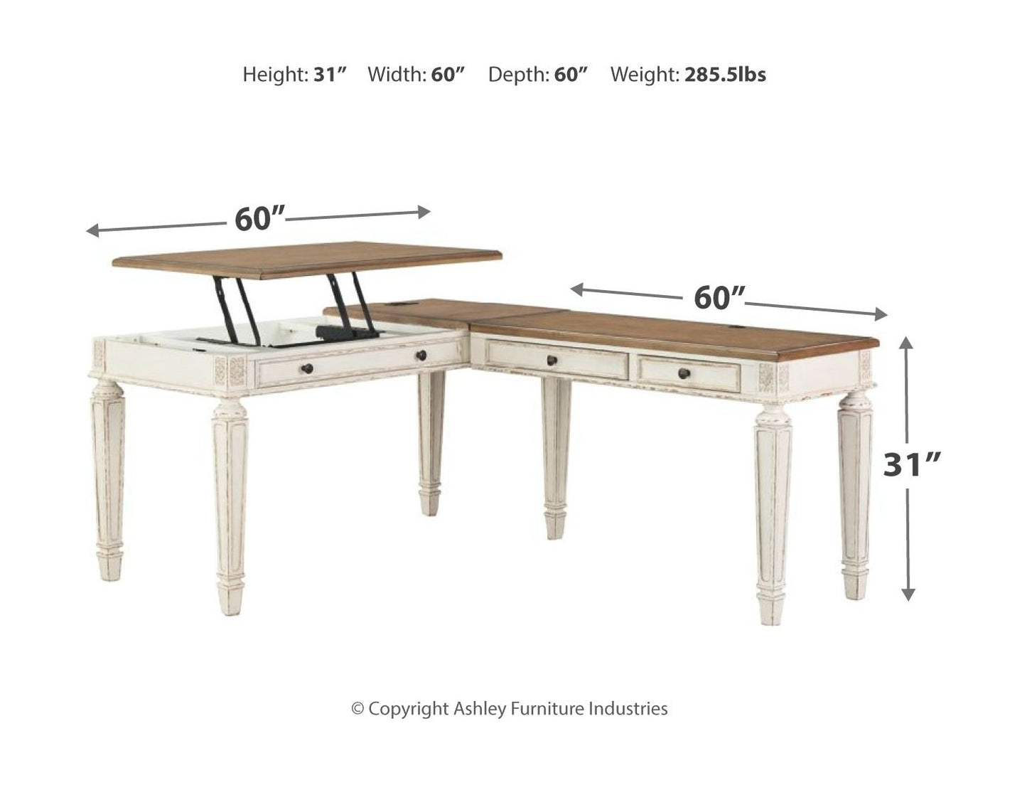 Realyn - White / Brown - L Shaped Desk with Lift Top