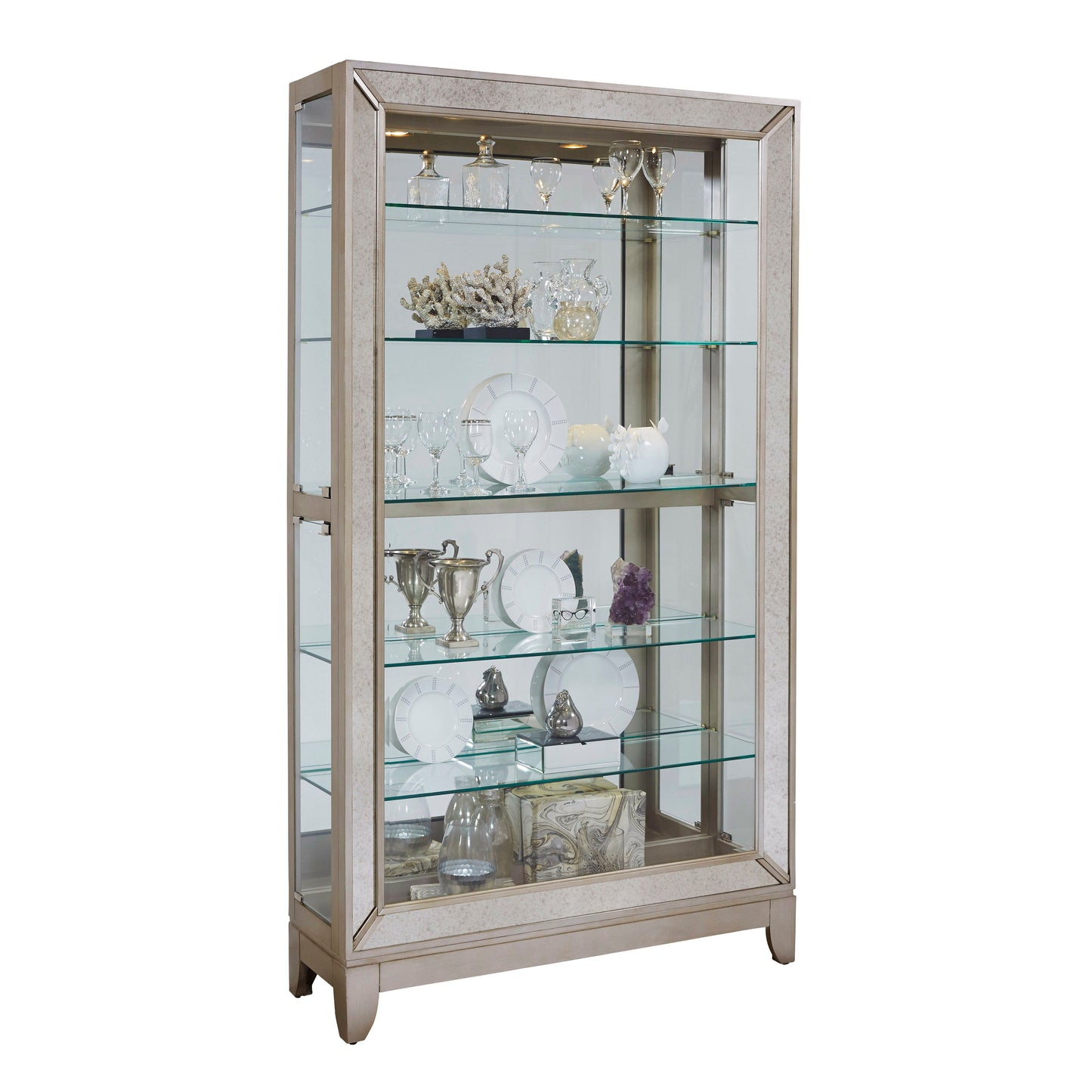 PFC Curios - Antique Style 5 Shelf Mirrored Curio Cabinet - Aged Silver