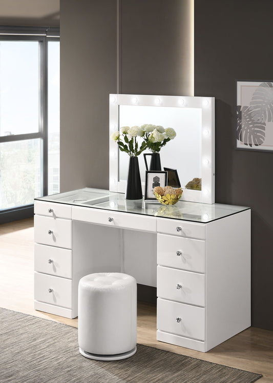 Avery - Vanity Desk With Glass Top And LED Mirror - White