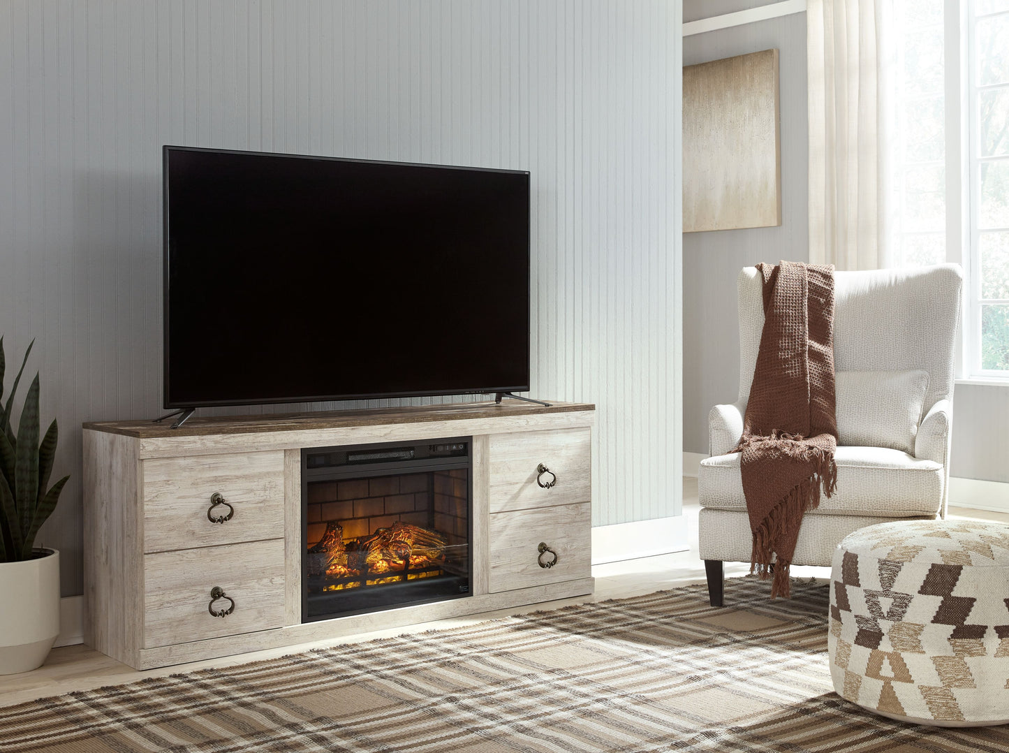 Willowton - Whitewash - 2 Pc. - TV Stand with Faux Firebrick Fireplace Insert