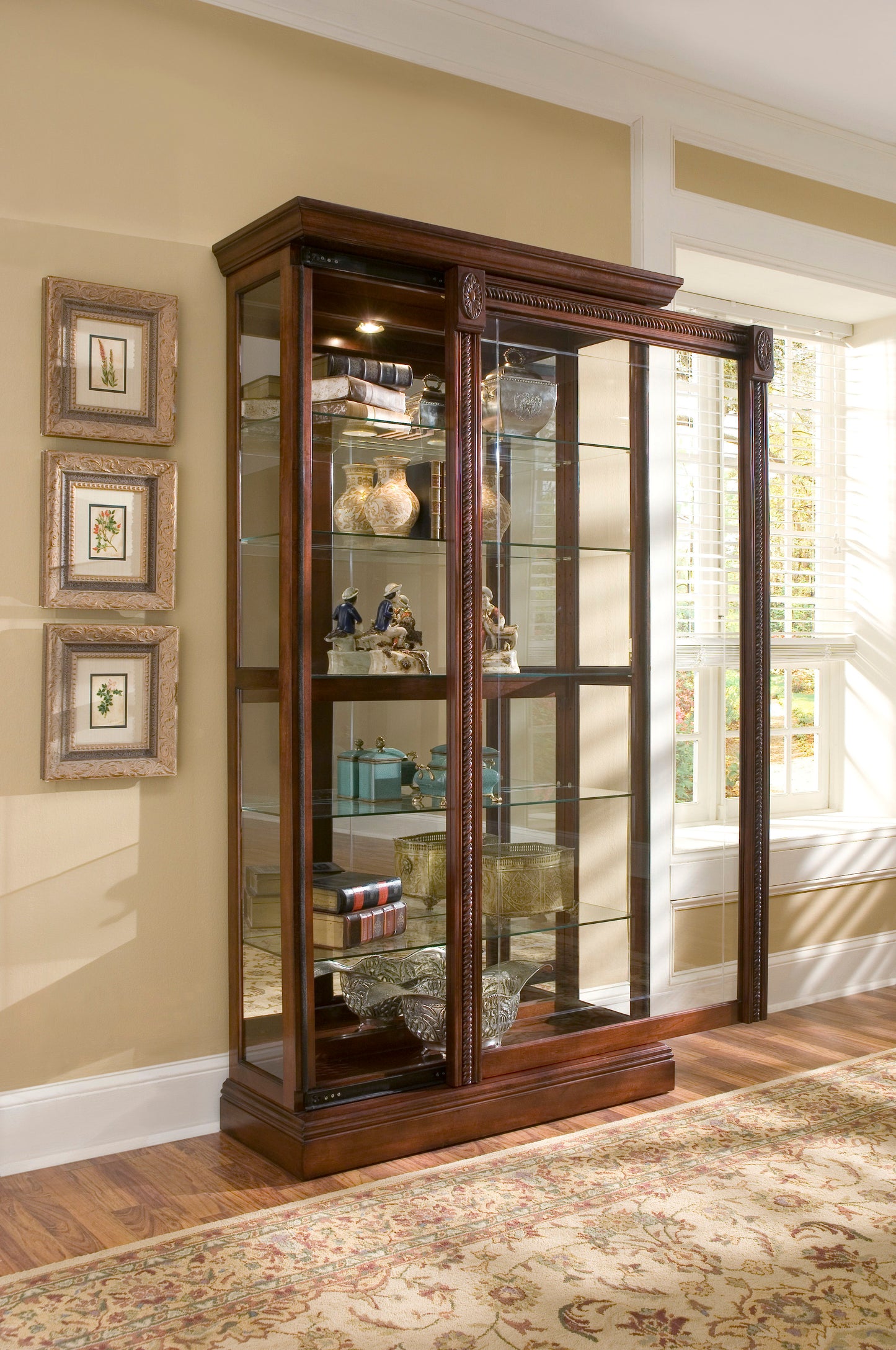 PFC Curios - Lighted Sliding Door 5 Shelf Curio Cabinet - Cherry Brown