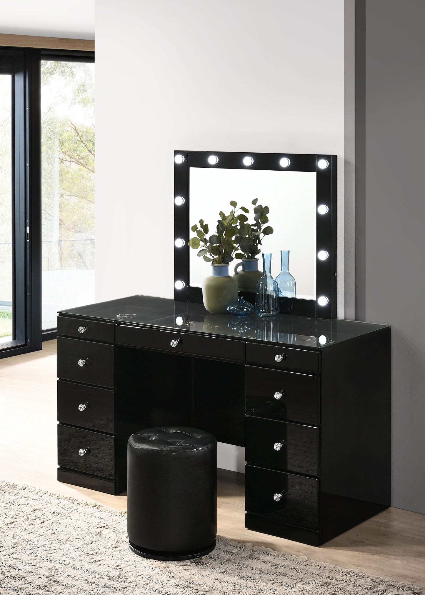 Avery - Vanity Desk With Glass Top, LED Mirror & Stool - Black