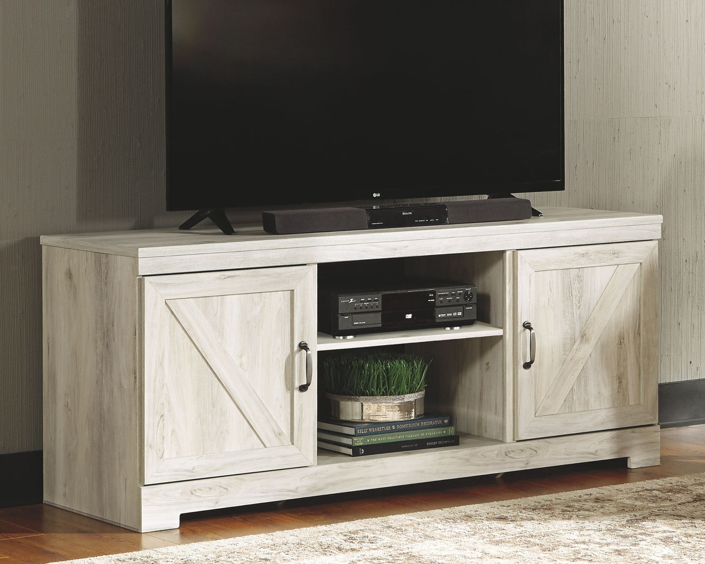 Bellaby - Whitewash - Entertainment Center - TV Stand With Faux Firebrick Fireplace Insert