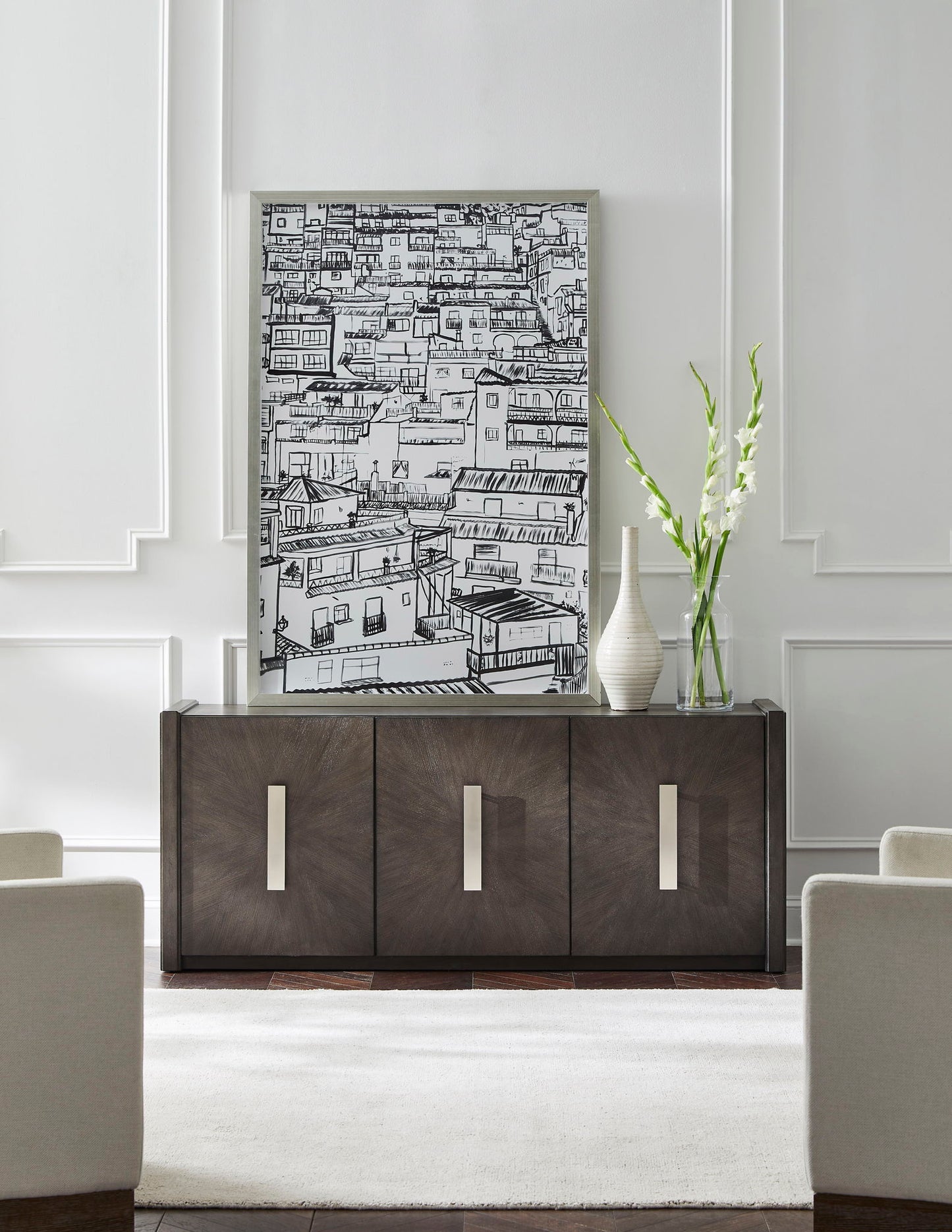 3-Door Credenza With Shelves - Gray