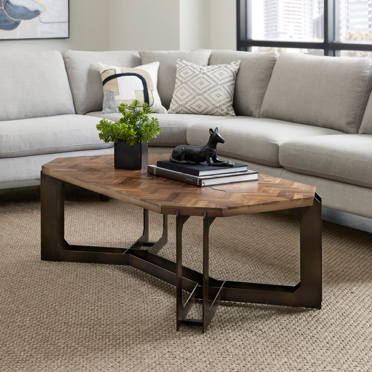 Rustic Cocktail Table With Metal Base - Dark Brown