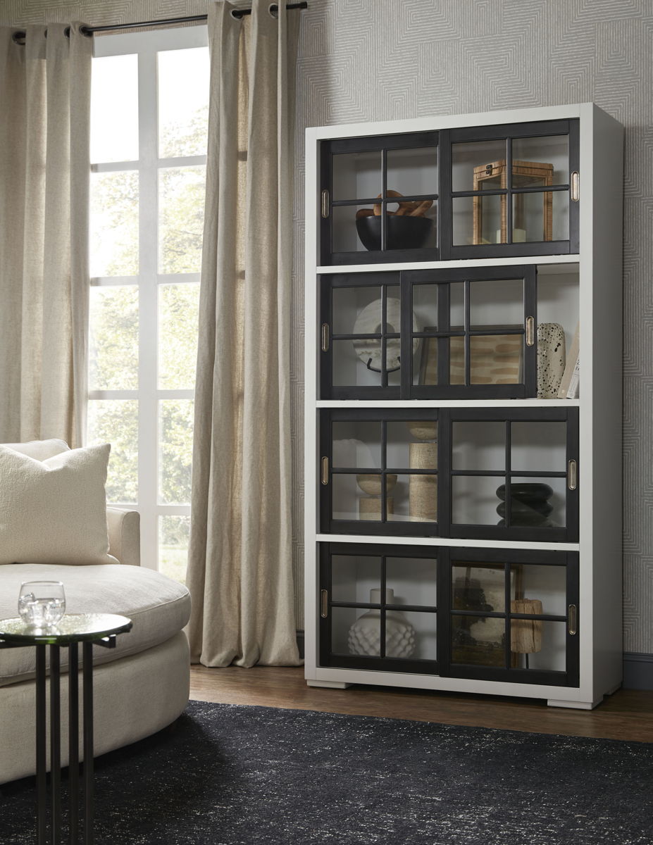 Contemporary 4-Shelf Sliding Door Bookcase - White / Black