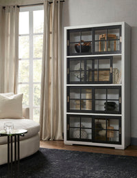 Contemporary 4-Shelf Sliding Door Bookcase - White / Black