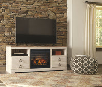 Willowton - Whitewash - 2 Pc. - 64" TV Stand with Faux Firebrick Fireplace Insert