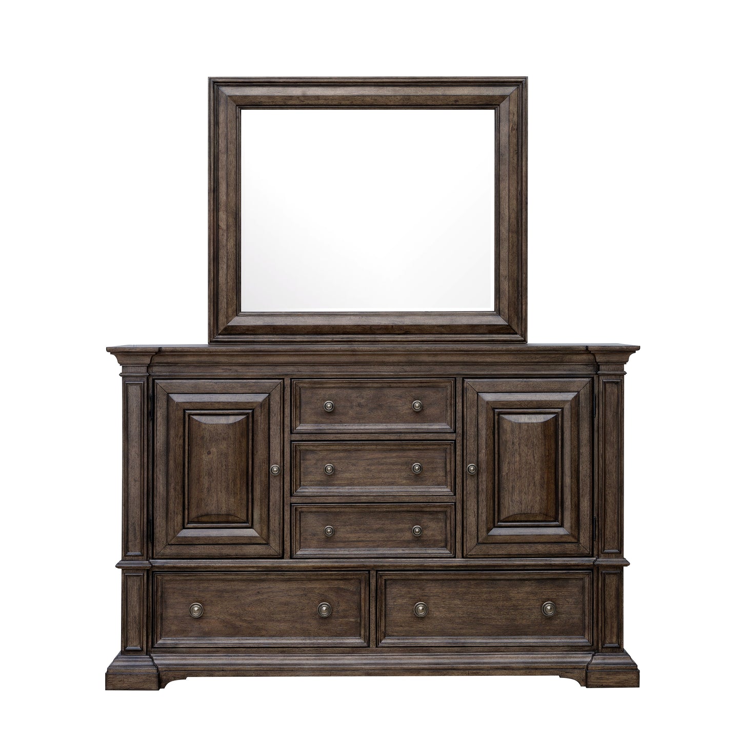 Woodbury - 5-Drawer, 2 Cabinet Dresser & Mirror Set - Cowboy Boots Brown