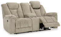 Hindmarsh - Stone - Power Reclining Loveseat with Console/ Adj Hdrst