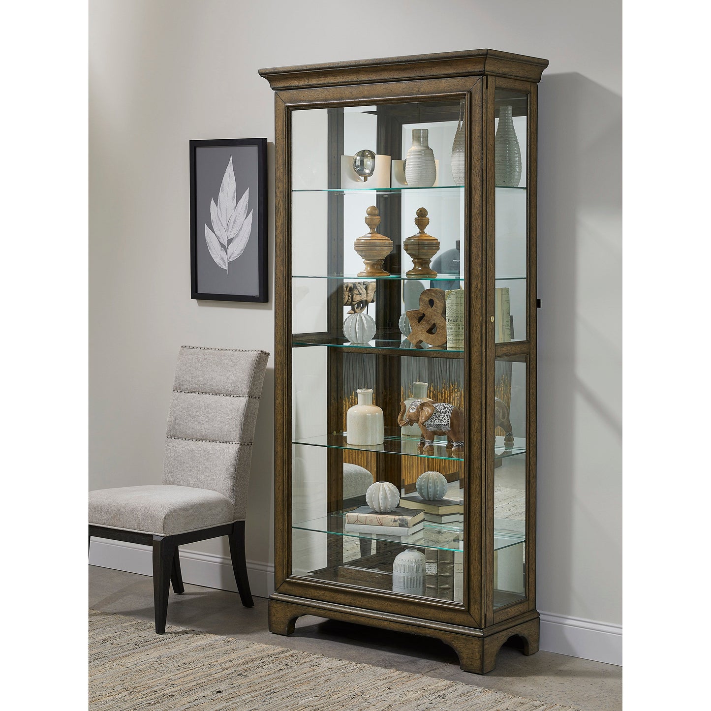 Traditional Sliding Door Curio With Glass Shelves And LED Light - Dark Brown