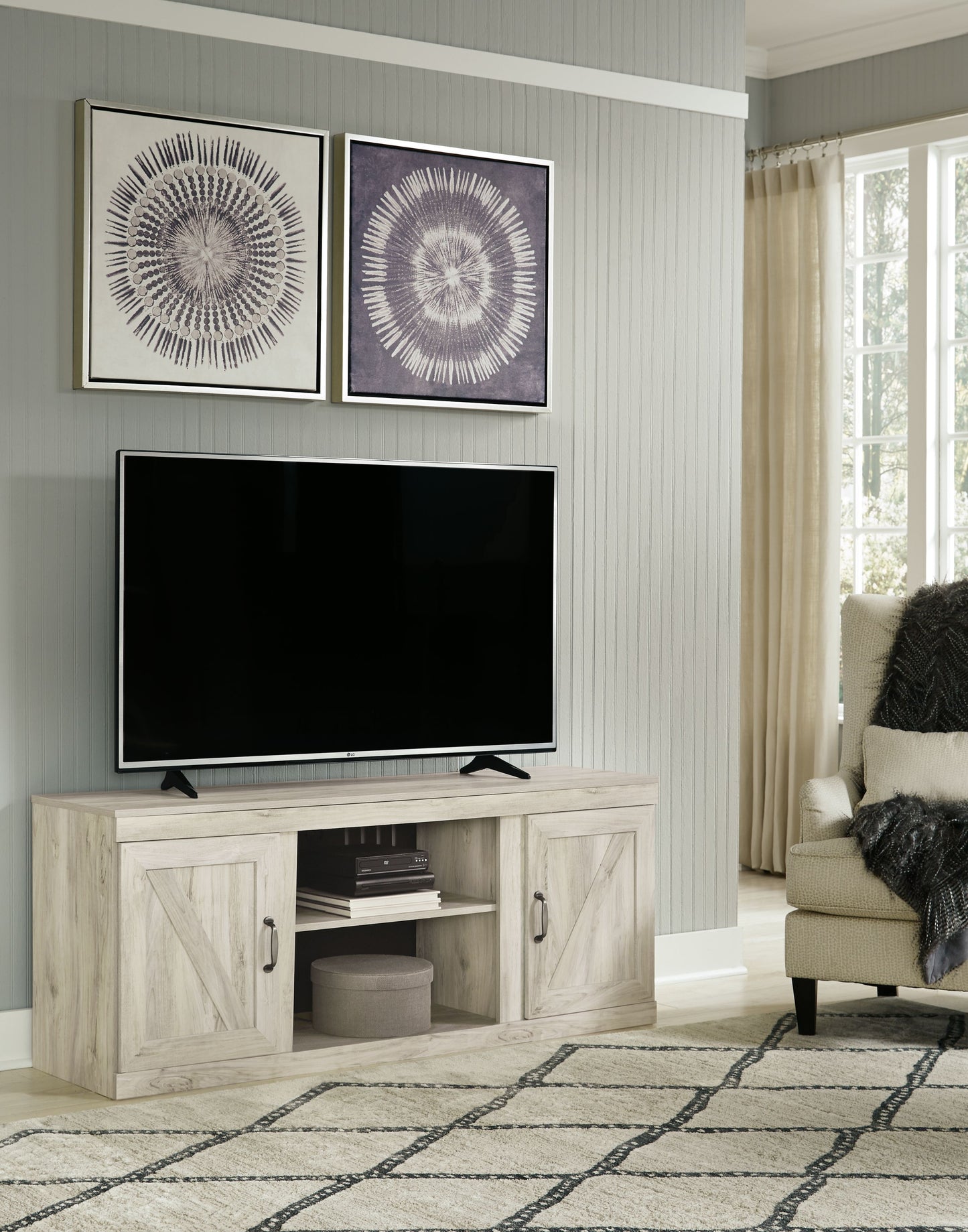 Bellaby - Whitewash - TV Stand With Faux Firebrick Fireplace Insert