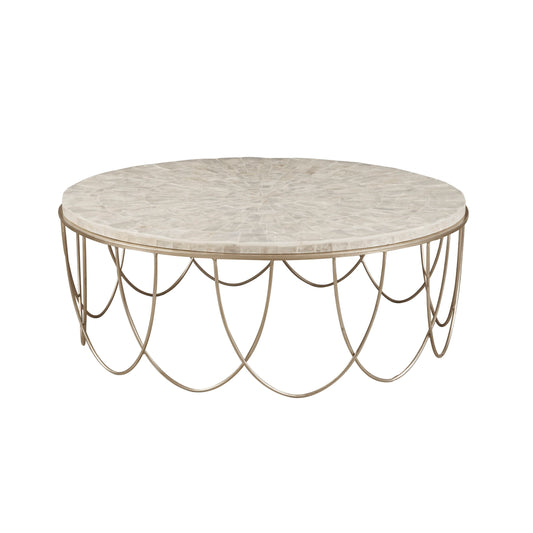 Round Stone Top Cocktail Table With Decorative Metal Base - Beige