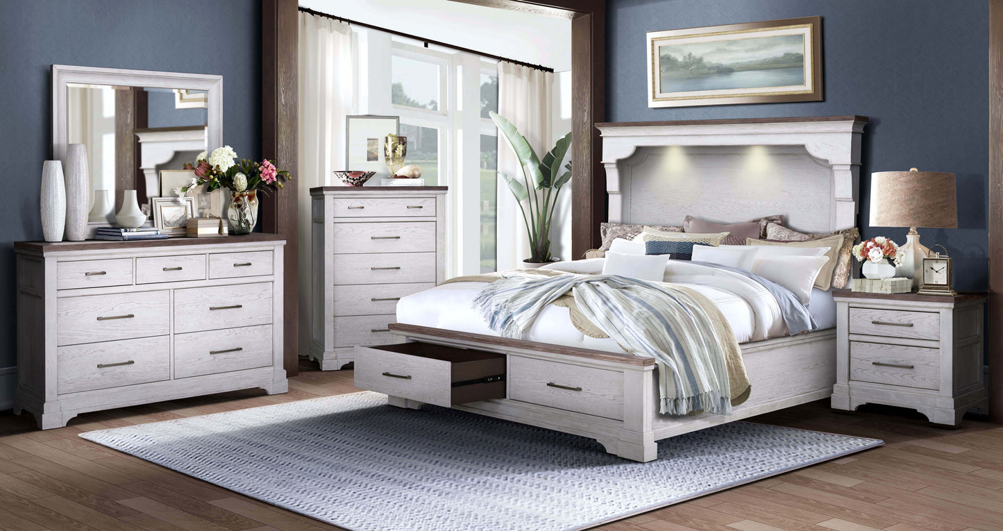 B00226 - 5 Piece King Set (Dresser, Mirror, Chest, Nightstand And King Storage Bed) - White / Brown