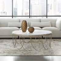 Round Stone Top Cocktail Table With Decorative Metal Base - Beige