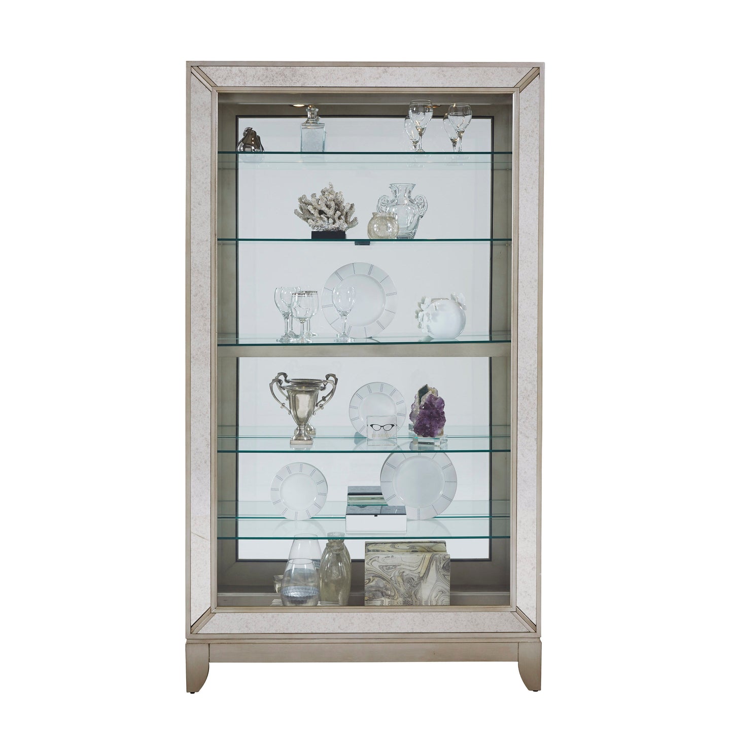 PFC Curios - Antique Style 5 Shelf Mirrored Curio Cabinet - Aged Silver