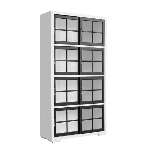 Contemporary 4-Shelf Sliding Door Bookcase - White / Black